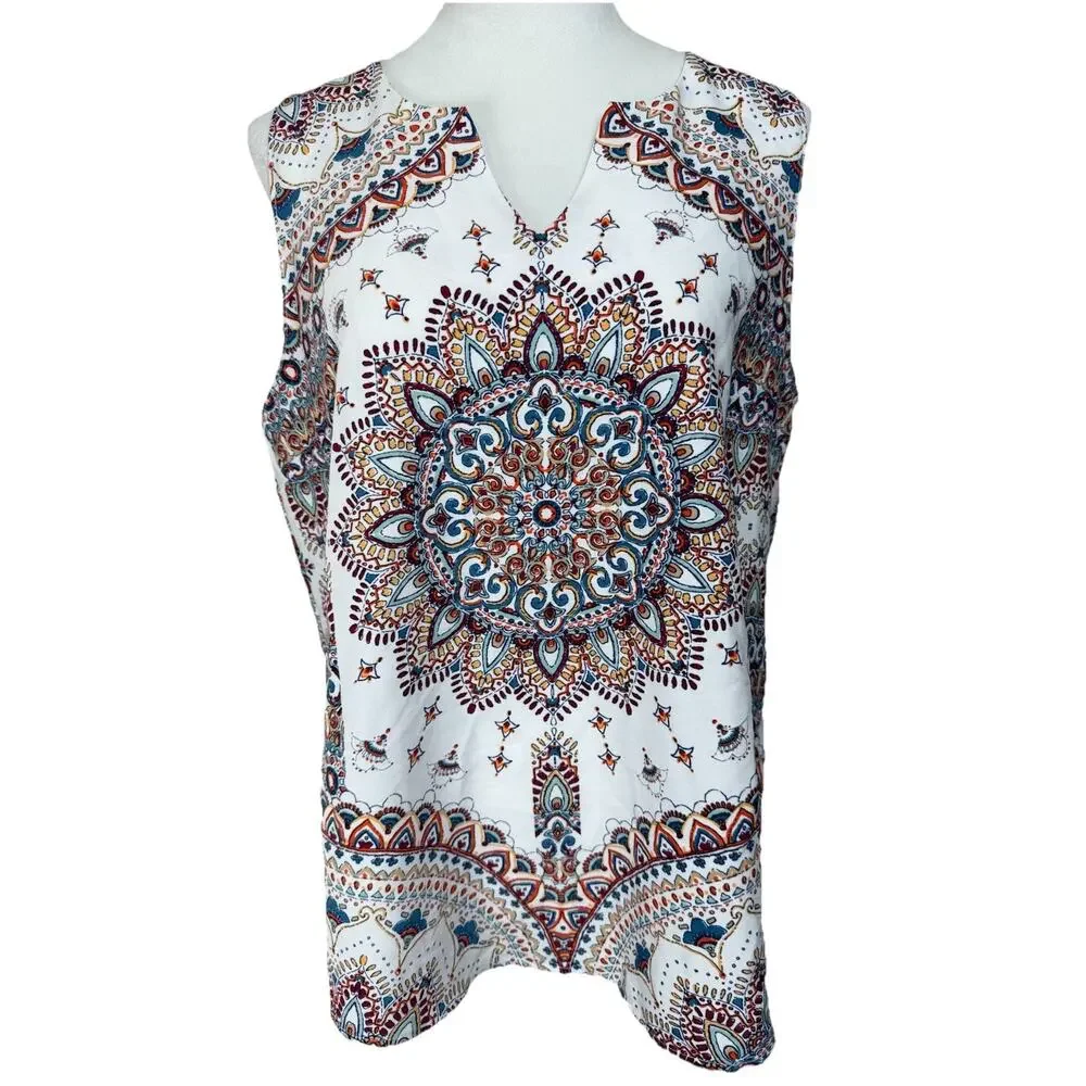 Women's Verse Top Blouse Sz L Sleeveless Lightweight Boho Aztec Print Pullover - Picture 1 of 12